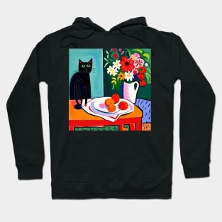 Black Cat with Still Life Flowers in a White Vase Still Life Painting Hoodie